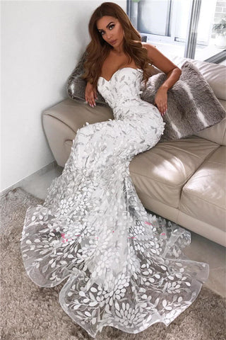 Alluring White Mermaid Prom Dress with Sweetheart Lace Neckline, PD2303082