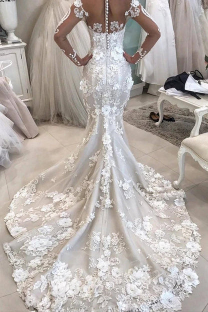 Mermaid Wedding Dress with Detachable Train, Long Sleeves, and Scoop Neckline, WD2302283