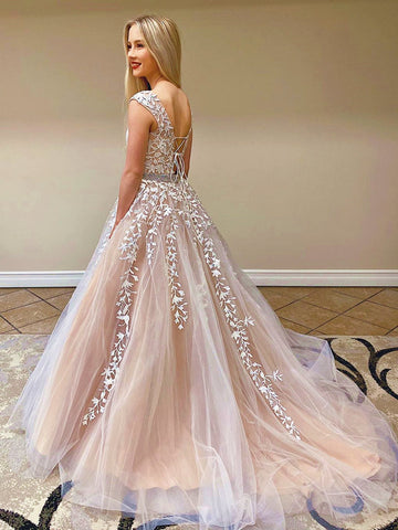 Champagne Lace Open Back Wedding, WD2302264