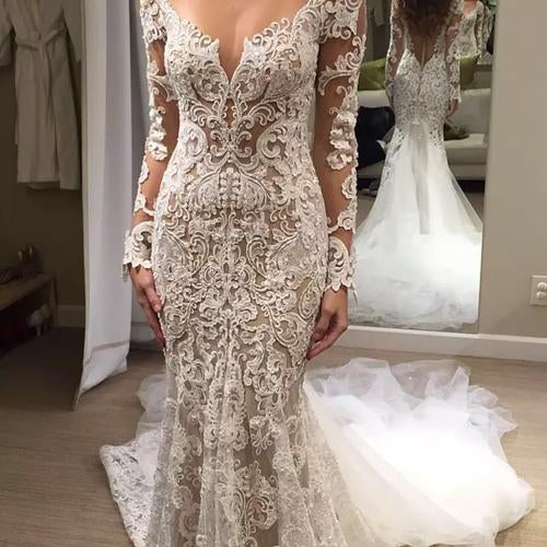 Ivory Backless Lace Mermaid Long Wedding Dress - JLDressCA Ivory Backless Lace Mermaid Long Wedding Dress - JLDressCA