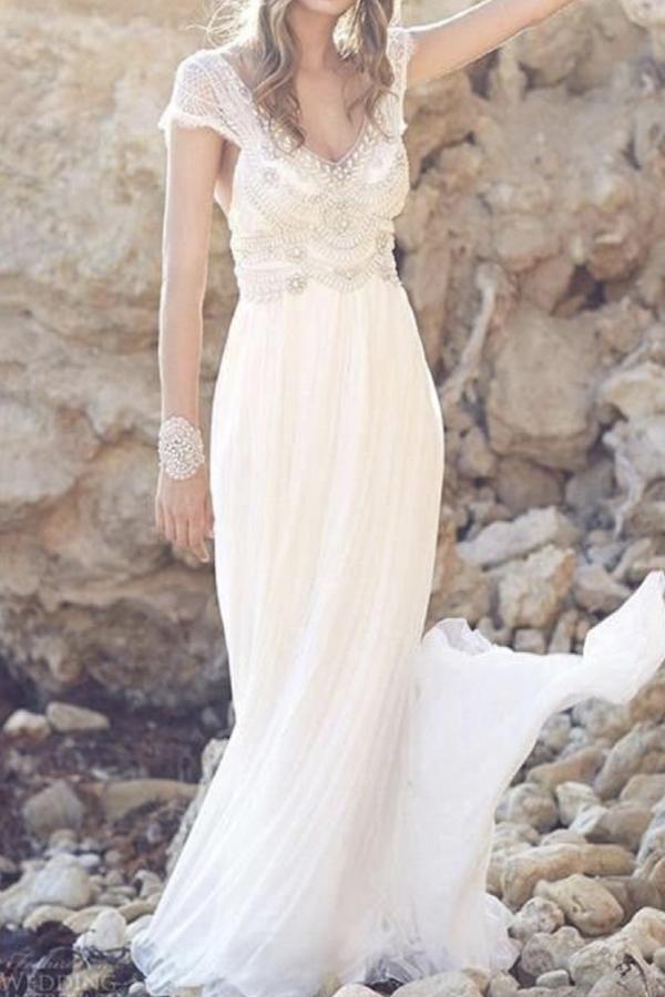 Tulle Long Beach Wedding Dress with Lace and Cap Sleeves, WD23022693