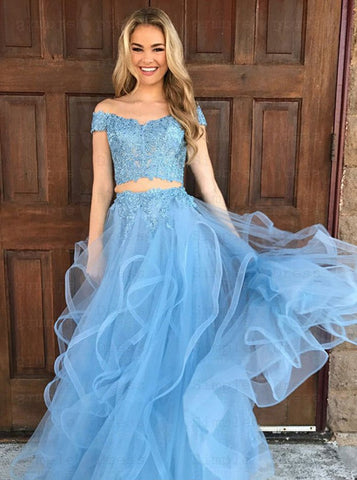 Sky Blue Tulle Two-Piece Off-the-Shoulder Prom Dress with Appliques, PD2303044