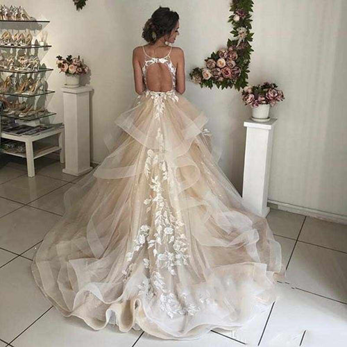 A-line Court Train Wedding Dress with Long Sleeves and Appliques, WD23022679