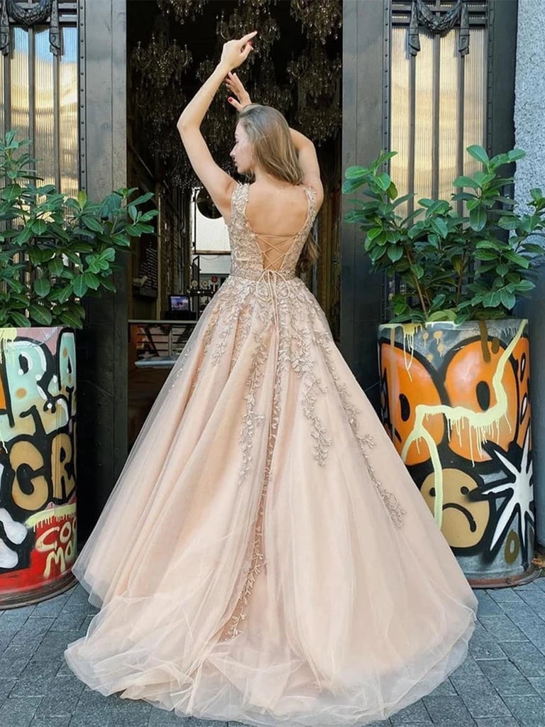 Champagne Wedding Dress with Open Back and Lace - JLDressCA Champagne Wedding Dress with Open Back and Lace - JLDressCA