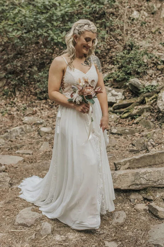 Bohemian A-Line Lace Wedding Dress with V-Neckline, WD23022353