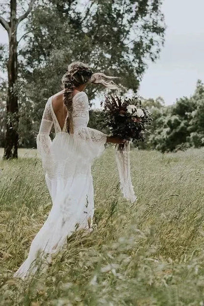 Long Sleeve Deep V-neck Lace A-line Backless Wedding Dress, WD2302237