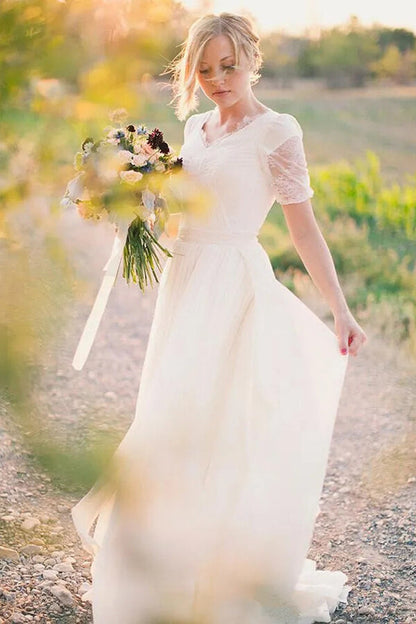 Boho Lace Chiffon A-line Short Sleeve Wedding Dress, WD230223111