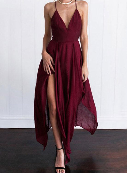 Maroon V-Neck Backless Prom Dress, Formal Bridesmaid Dress, BD23031111