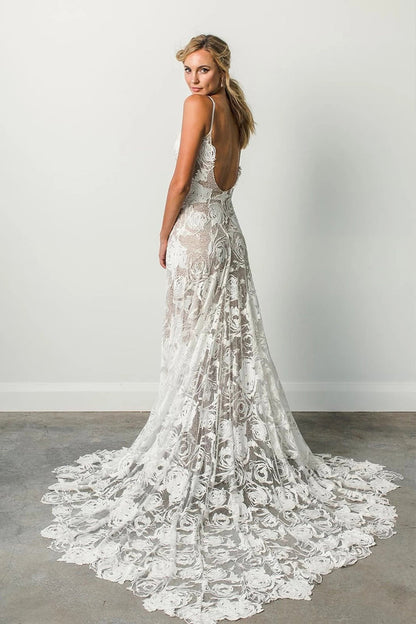 Lace Applique Spaghetti Strap Open Back Wedding Dress, WD2304117