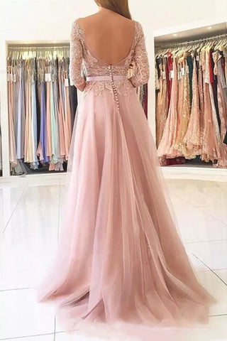 Pink Long Sleeves Side Slit Princess A-Line Prom Dress, PD23033115