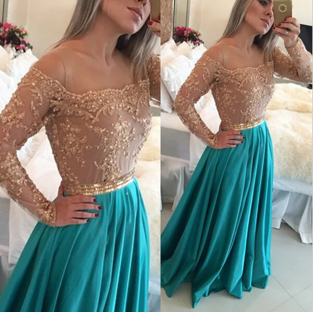 Champagne and Turquoise Lace A-line Bridesmaid Dress with Long Sleeves - JLDressCA Champagne and Turquoise Lace A-line Bridesmaid Dress with Long Sleeves - JLDressCA