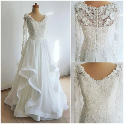A-line Chiffon Lace Wedding Gown with Ruffles, WD2303040