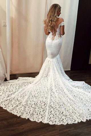 Mermaid Off-the-Shoulder V-neck Court Train Lace Wedding Dress, WD2303163