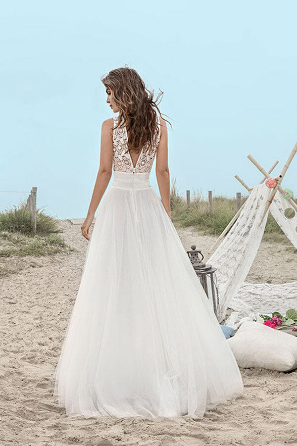 A-Line V-Neck Beach Wedding Dress with Tulle Lace and Floor-Length Skirt, WD23022363