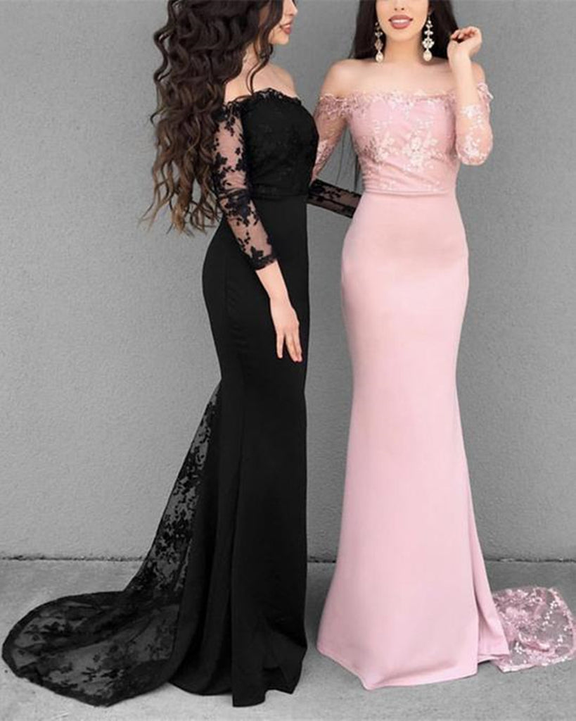 BlackPink Mermaid Long Sleeves Lace Prom Dresses, Lace Mermaid Bridesmaid Dresses, Formal Dresses, BD2303129
