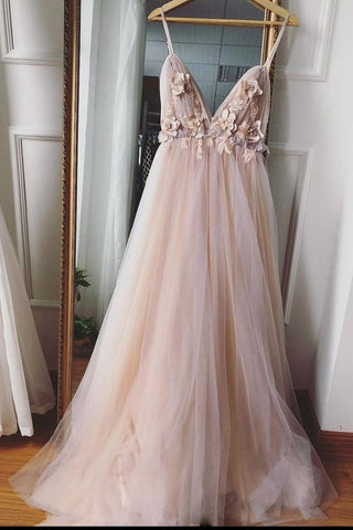 Champagne V-Neck Wedding Dresses with Tulle Floral, WD23022633