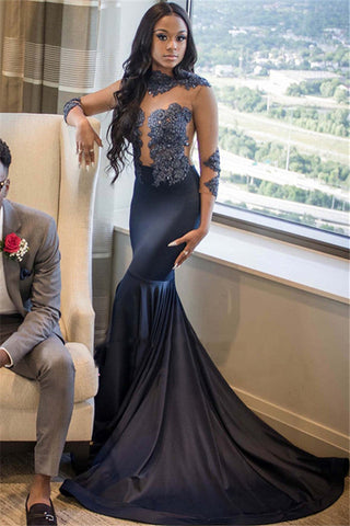 Alluring Dark Navy Mermaid Prom Dress with Long Sleeves and Appliques, PD2303081