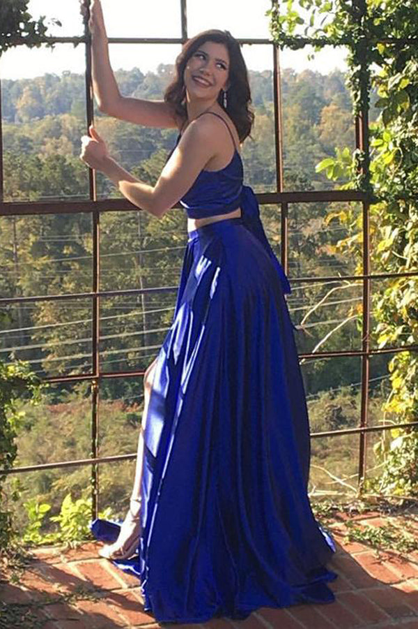 Blue Long Party Gowns Two Piece Prom Dress with Pockets, PD2302224