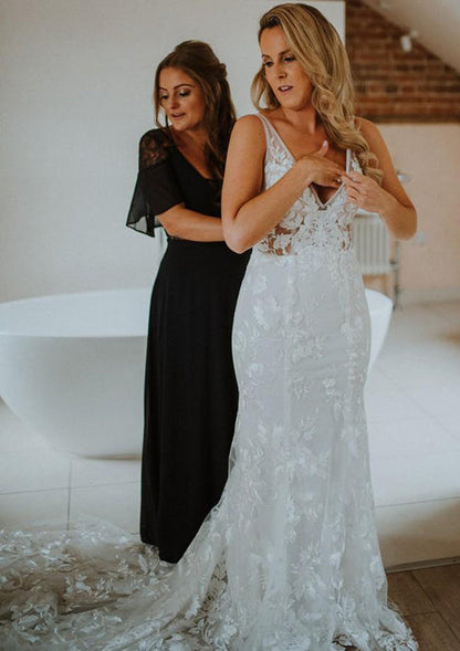 Illusion V-neck Lace Mermaid Wedding Dress with Sleeveless Bodice, WD2303047