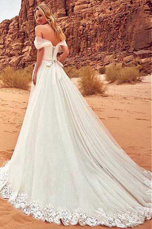 White A-line Off Shoulder Tulle Wedding Dresses with Sweep Brush Train, WD23022713