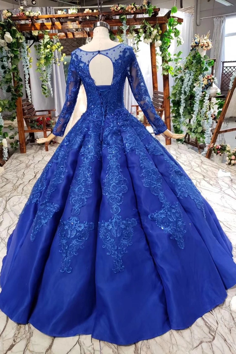 Royal Blue Appliqued Ball Gown Long Sleeve Prom Dress | JLDressCA Royal Blue Appliqued Ball Gown Long Sleeve Prom Dress | JLDressCA