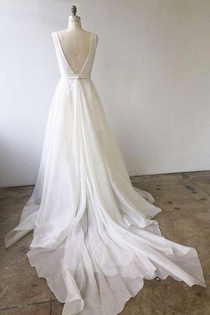 A-Line V-Neck White Wedding Dress with Train, WD2302262
