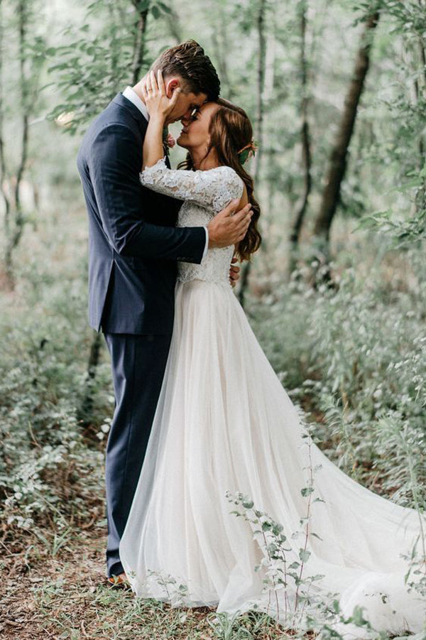 Elegant Open Back Half-Sleeve A-Line Wedding Dress - JLDressCA Elegant Open Back Half-Sleeve A-Line Wedding Dress - JLDressCA