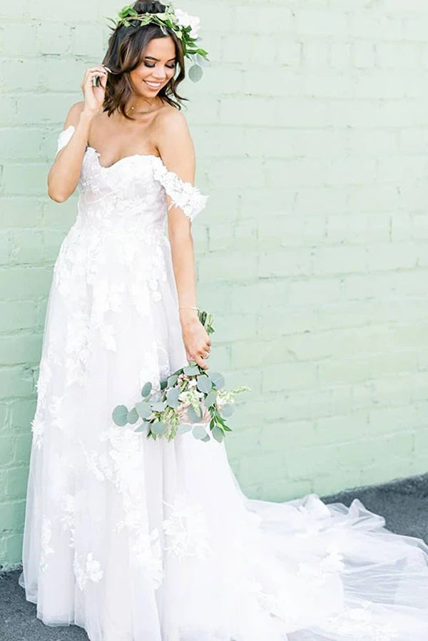 A-line Rustic Off-the-Shoulder Applique Court Train Wedding Dress, WD23022313