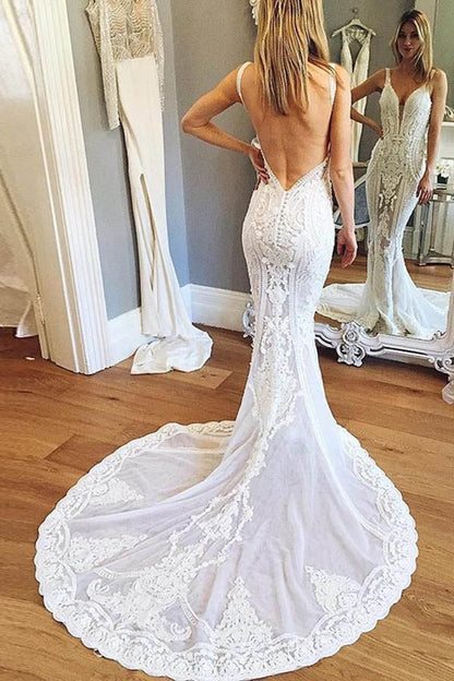Mermaid Lace Wedding Dress with V-neck, Open Back, and Train, WD2303082