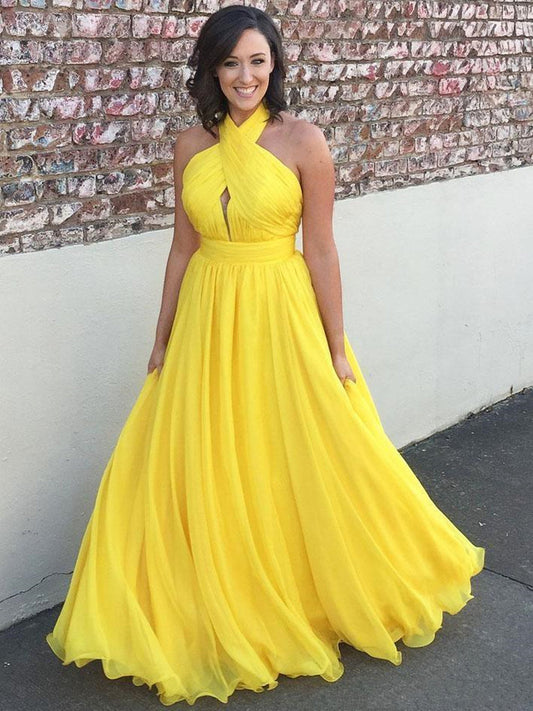 Yellow Chiffon Long Prom Dress with Open Back, Formal Bridesmaid Dress, BD23031119
