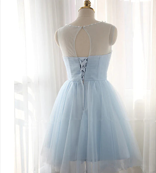 Round Neck Short Blue Bridesmaid Dresses, BD2303184