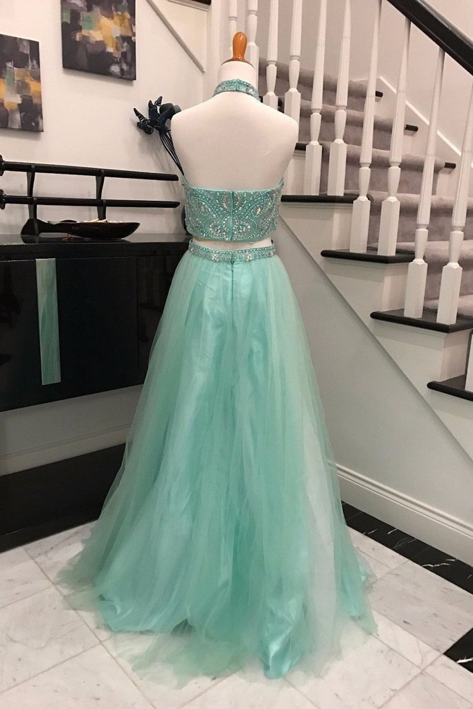 Elegant Two-Piece Sky Blue Backless Halter Long Prom Dress with Beading, PD23022251