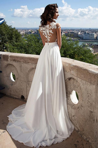 White A-Line Front Split Wedding Dresses With Lace Appliques, WD23022712