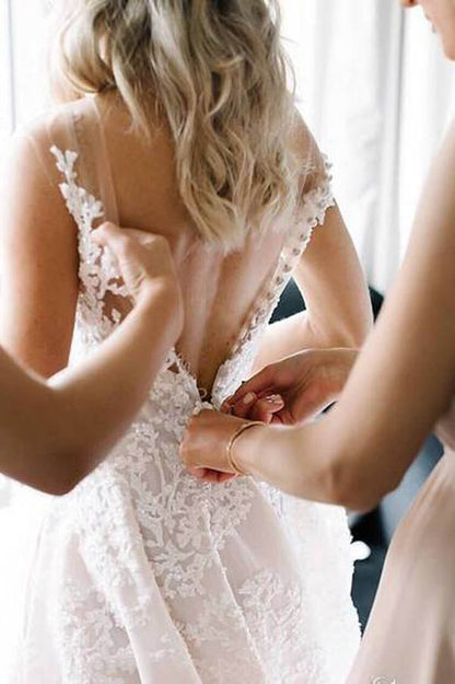 Vintage Lace Illusion Neckline Wedding Dress, WD23041118