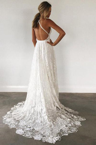 Ivory Lace Wedding Dress with V-neckline and Floor-Length Hemline , WD23022374