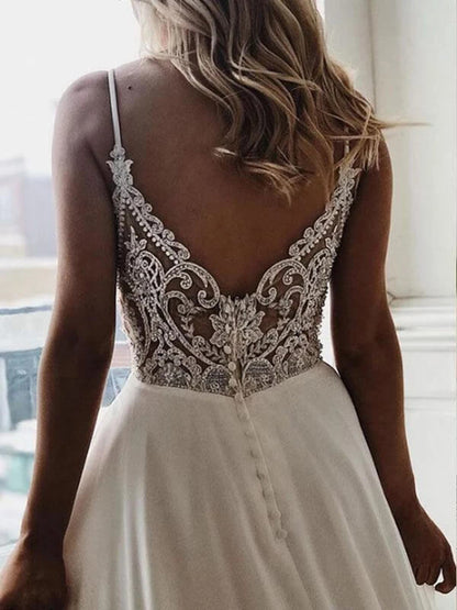 Lace Wedding Dress with See-Through Spaghetti Straps, WD23022396