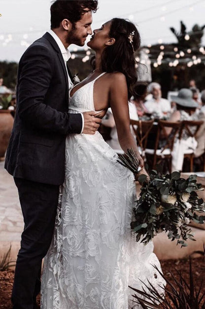 Lace Straps A-line V-neck Long Wedding Dress, WD23022336