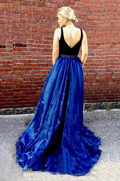 Royal Blue and Black Chiffon A-Line Prom Dress with V-Neck, Side Slit, and Beaded Detail, PD23031516