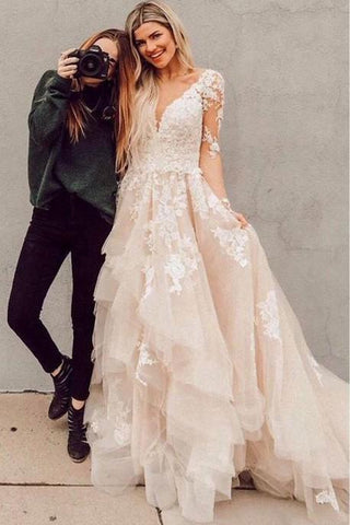 Champagne Lace Wedding Dress wiht Long Sleeves, WD23022626