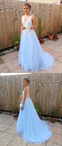 A-Line V-Neck Backless Blue Lace Prom Dresses, Blue Lace Formal Dresses, Lace Bridesmaid Dresses, BD2303128