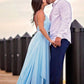 V-Neck Light Blue Backless Prom Dresses, Light Blue Long Formal Bridesmaid Evening Dresses, BD23031215