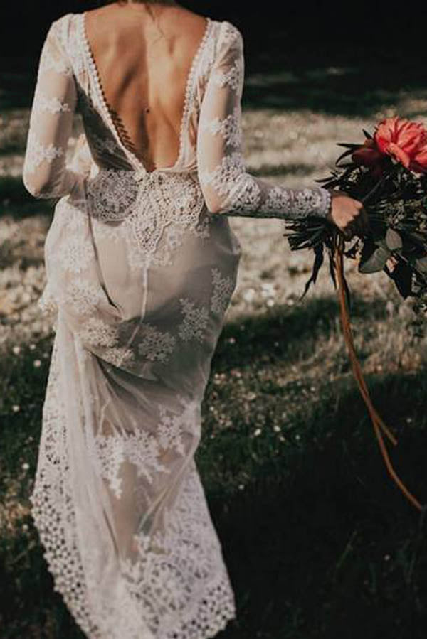 Sheath Ivory Lace Country Wedding Dress with Long Sleeves and Backless Design - JLDressCA US8 / Pic Color Sheath Ivory Lace Country Wedding Dress with Long Sleeves and Backless Design - JLDressCA US8 / Pic Color
