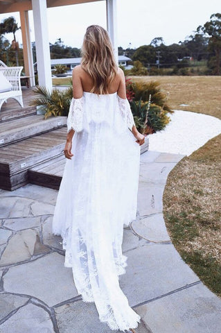 A-Line Beach Wedding Dress with Half Sleeves and Off-the-Shoulder Boho Lace Bodice, WD23022361