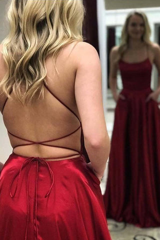 Red Halter Backless Lace-Up A-Line Elastic Satin Prom, PD2303289