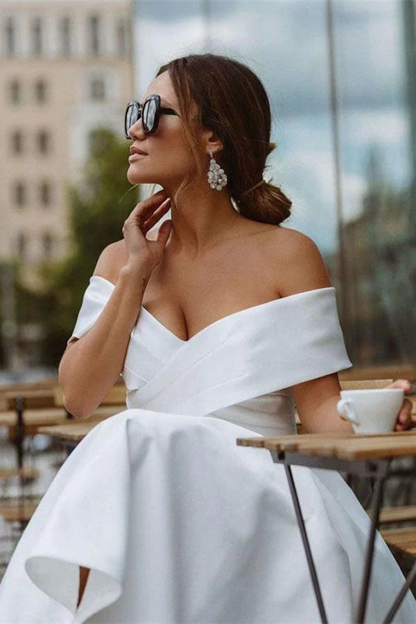 A-line Satin Off-Shoulder Tea-Length Wedding Dress, WD23022314