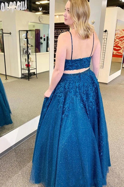 Sparkly Blue Two-Piece Appliqued Evening Dress with Spaghetti Straps, PD2303045