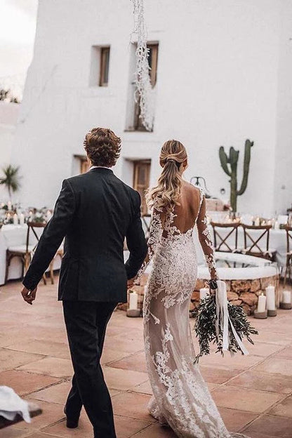 Rustic Mermaid Wedding Dress with Lace Appliques and Sleeves | JLDressCA Rustic Mermaid Wedding Dress with Lace Appliques and Sleeves | JLDressCA