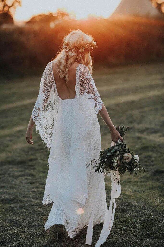 Ivory Lace Boho Sheath Wedding Dress with Batwing Sleeves JLDressCA