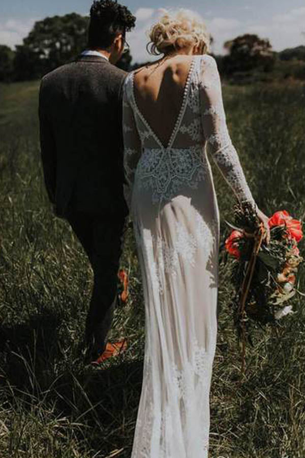Sheath Ivory Lace Country Wedding Dress with Long Sleeves and Backless Design, WD23041114
