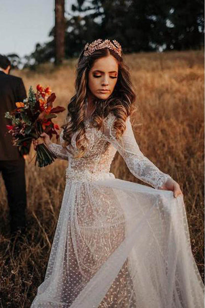Bohemian Wedding Dress with Lace Polka Dot Design and Sleeves, WD23022698